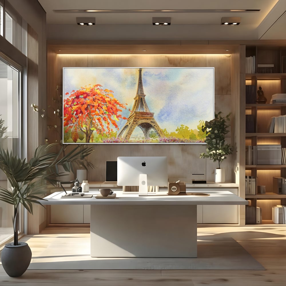 Tablou canvas cu pictura cu turnul eiffel si indragostiti, in rama de aluminiu argintiu, pe perete intr-un birou